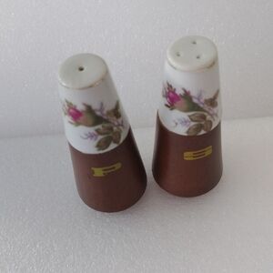 Mid Century Floral Ceramic and Wood Salt and Pepper Shakers Vintage